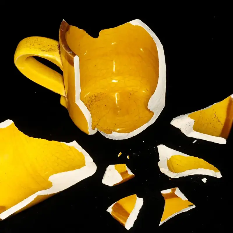 Tazza gialla rotta in più pezzi, esempio di kintsugi