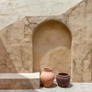 Parete in stucco naturale con archi e vasi in terracotta